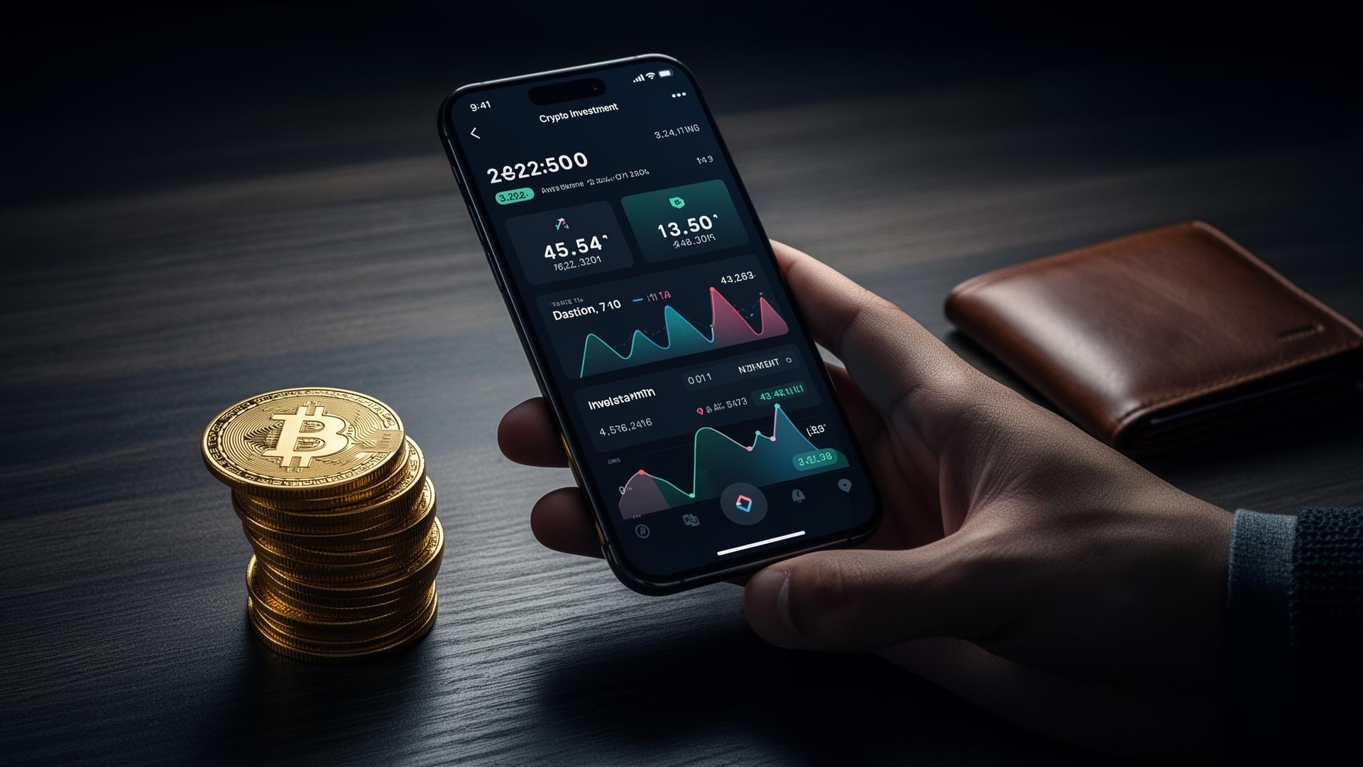 Crypto investment app on smartphone with bitcoin coins